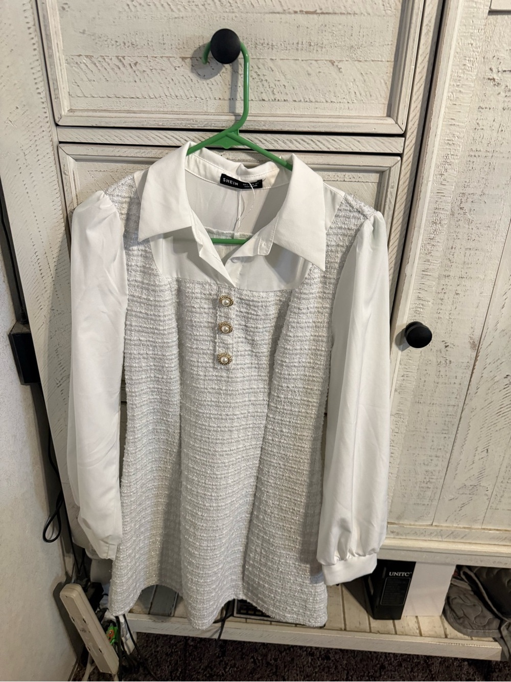 SHEIN White Tweed Long Sleeve Dress with Pearly Buttons